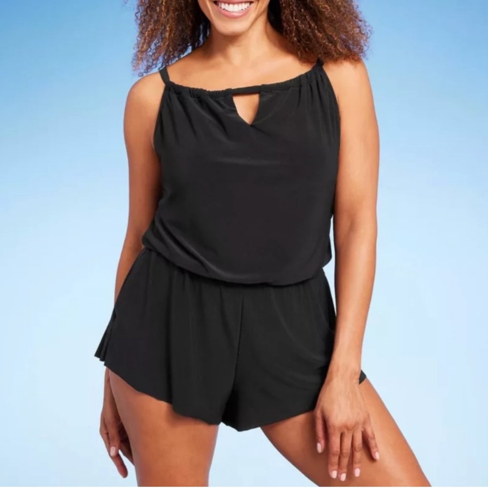 🏖️Aqua Green High Neck Romper Swimsuit Black UPF 50+ Size Large🏖️